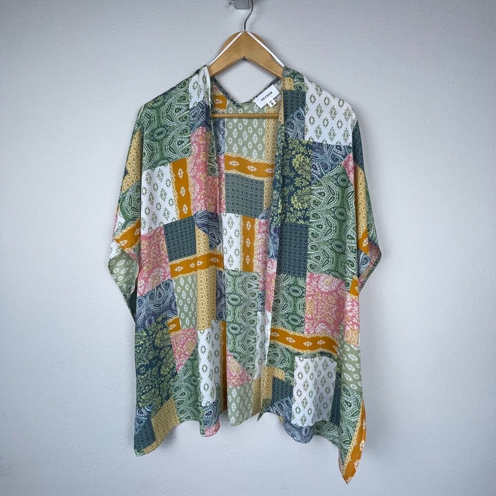 Heyson Kimono Cardigan Size S – Patchwork Mixed Print Open Front Boho Festival